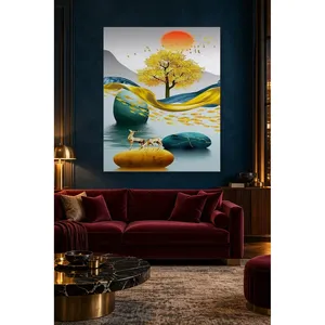 Impression sur toile Fida Golden Tree and Deer sur pierres vertes - Product Image 5