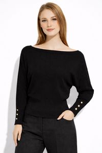 Elegante Suéter de Punto para Mujer con Cuello Barco y Manga Murciélago - Top Holgado con Cintura Acanalada y Puños con Botones Dorados - Product Image 5