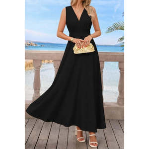 Women's Strappy V-Neck Long Imported Crepe Dress with Waist <b>Corset</b> Detail 35876-<b>Black</b> by Jane's - Product Image 3