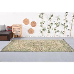 Tapis de grande surface vert beige traditionnel turc vintage-Motif de patchwork de support en latex de laine de 4.6x9.5 pieds pour couloir chambre d'adolescent - Product Image 1
