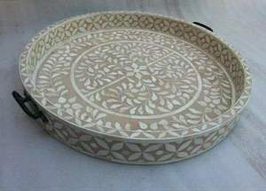 Bandeja con incrustaciones impulsadas, bandeja para servir hecha a mano, incrustaciones de hueso de lujo, desayuno de Ramadán, comida, fruta, café, té, bandeja decorativa - Product Image 4