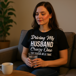 T-Shirt à manches courtes pour femme, en coton, à col ras du cou, avec motif « mari, femme, ménopause, coup de chaleur », cadeau amusant pour elle, pour adulte - Product Image 3