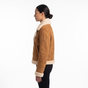 Chaqueta de piel de oveja para mujer, estilo aviador, cuello grande, logotipo personalizado, OEM, venta al por mayor - Product Image 3