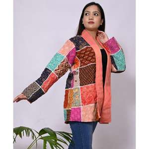 Handmade Boho Vintage <b>Women's</b> Silk <b>Jacket</b> <b>Lightweight</b> Cotton Quilted Printed Techniques Short Length Outerwear for Winter - Product Image 5