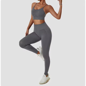 Conjunto de Sujetador deportivo y mallas de entrenamiento sin costuras para mujer, ropa deportiva de gimnasio de secado rápido, traje de Fitness de Yoga de talla grande con logotipo en la cintura - Product Image 5