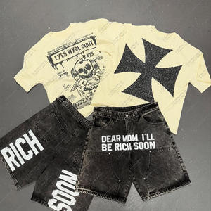 Wholesale <b>Jeans</b> Shorts SET Cut & Sew Raw Hem Distressed Applique Embroidery Acid Wash Jorts AND T <b>shirt</b> rhinestone - Product Image 1