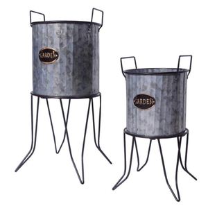 Hot Sale Galvanized Metallic Gray <b>Plant</b> Stand with Corrugated Design and Metal <b>Frame</b> Set of 2 - Product Image 3