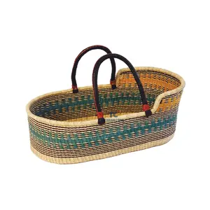 Vietnam Supplier Africa Style Natural Seagrass Baby Doll Moses Baskets Kids Play Dolls Pretend Play Crib Wicker Storage Baskets