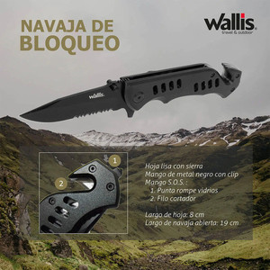 Coltello con chiusura a scatto Wallis K900311 con S.O.S. in metallo nero Maniglia e Clip - Product Image 6