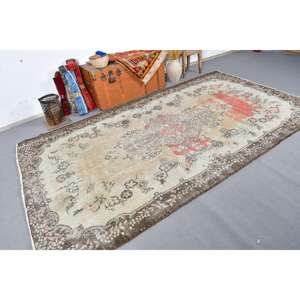 Tapis vintage, tapis turc 5,8x10 pieds, tapis en laine à carreaux marron rouge - Product Image 2