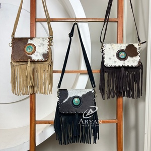Sac à bandoulière en cuir de vachette style western, fourrure, franges, haute qualité, sac à main bohème, sac à bandoulière en cuir véritable pour femmes - Product Image 1