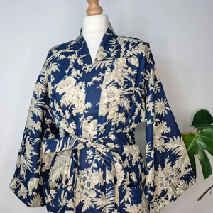 Otoño Invierno Navidad aguamarina azul profundo puro algodón estampado a mano Floral Kimono cómodo maternidad Natural lavable - Product Image 1