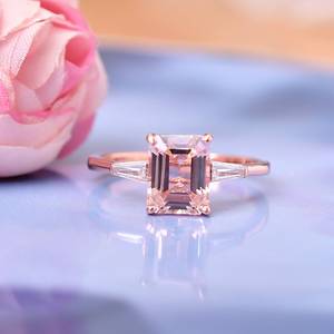 Morganite Three Stone Engagement Ring Octagon Shaped Wedding Bridal Ring Unique Promise Birthstone <b>Anniversary</b> Gift - Product Image 4