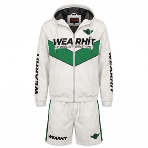 Ensemble short et veste coupe-vent pour homme, veste de course en nylon à panneaux chevron, fermeture éclair, capuche, blanc et vert, logo personnalisé OEM - Product Image 1