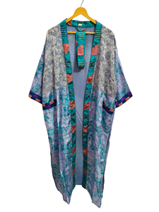 Túnica India Floral Seda Sari Kimono Vintage Sari Robe Suave Playa Fiesta Vestido Indio Hecho A Mano Seda Kimono - Product Image 4