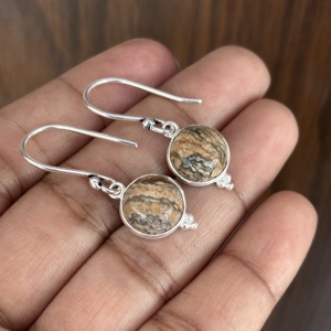 Pendientes de Plata de Ley 925 con Piedra de Jaspe de Diseño Pequeño, Forma Redonda, Regalo Elegante para Mujer - Product Image 5