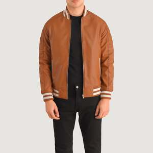 Chaqueta Varsity de Piel de Oveja Marrón Pascal Tan, Estilo Casual Urbano, Detalles Bordados, Tallas XS-XL, Otoño, Impermeable, PU - Product Image 1