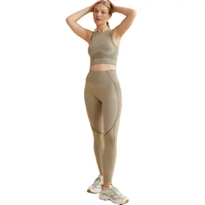 高品质女性希瑟绿色氨纶材料褶高腰瑜伽打底裤散装出售