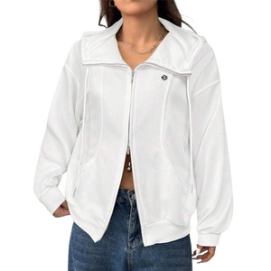 Sudadera con Capucha Blanca de Cuello Alto con Cierre para Mujer, Cuello de Embudo, Hombros Caídos, Puños Acanalados, Felpa de Algodón, Ropa Casual Urbana, Suministro al por Mayor - Product Image 1