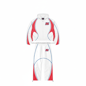 Conjunto cortavientos de poliéster 160 GSM ligero de talla grande blanco con paneles rojos y azules conjunto cortavientos de diseño de prensa de calor personalizado - Product Image 1