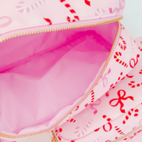Sac cosmétique en nylon rose de Noël prêt à être expédié, motif nœud coquette, pochette de voyage légère, étanche, organiseur de maquillage