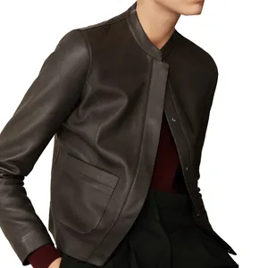brown leather high-neck jacket featuring front zipper closure, two front pockets. Fully lined Leather Jacket For Women