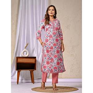 Conjunto de Kurta y Pantalón de Algodón con Estampado Digital para Mujer, Traje Cosido para Fiestas, Tela de Red para Ocasiones Especiales - Product Image 3