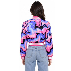 Pink <b>Purple</b> Flame Print <b>Varsity</b> <b>Jacket</b> Full Sleeve Turn-down Collar Button Closure Women's Spring Wear - Product Image 5