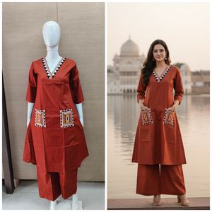 Ensemble décontracté en cordon de style indien pakistanais pour femmes avec poches pour le bureau, les vacances - Ensemble en cordon imprimé ethnique Kurti modeste en gros - Product Image 4