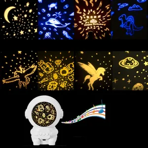 T01 8 çeşit 360 derece projeksiyon desenler + müzik tarzı astronot yıldız projektör lazer LED gece lambası