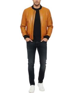 Nouvelle veste bomber en cuir véritable jaune moutarde pour homme 2026, col côtelé, fermeture éclair, vêtements d'extérieur - Product Image 4