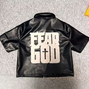 Marque privée Chemise en cuir Pu fermeture à glissière Applique Patchwork Logo poche avant surdimensionné t-shirt pour hommes chemises en cuir - Product Image 5