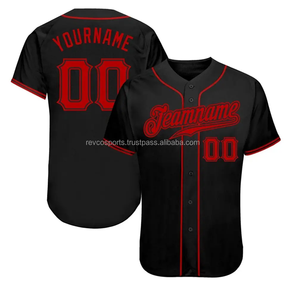 Nieuwste Fashion Design Honkbal Jersey Unisex Volledige Knoop Zwarte Softbal Jersey Zwart Met Rode Applique Borduurwerk Honkbalshirt