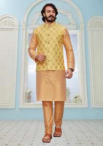 Kurta Payjama en soie pour hommes, vêtements de fête traditionnels indiens avec veste imprimée, meilleure qualité en fournisseur indien - Product Image 5