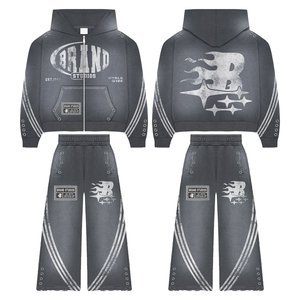 Streetwear survêtement personnalisé vintage délavé à l'acide pour hommes, sweat à capuche respirant à fermeture éclair et pantalon de survêtement évasé avec sérigraphie - Product Image 2