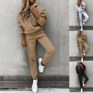 Stylish <b>Women's</b> <b>Velvet</b> Hooded 2-Piece Sweatsuit Above Knee <b>Joggers</b> with Solid Pattern Short Top for Fall & Summer - Product Image 1