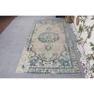 พรมขนแกะวินเทจแบบผสมผสานลายปะต่อสีเบจและน้ำเงินสี่เหลี่ยมขนาด5.3X9.4ฟุตงานแฮนด์เมดทำด้วยมือทำจากยางรองสำหรับห้องนั่งเล่น - Product Image 1