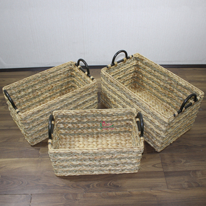 Artex Dong Thap Water Hyacinth Rectangular <b>Storage</b> <b>Basket</b> Set <b>with</b> <b>Black</b> Handles - Product Image 3