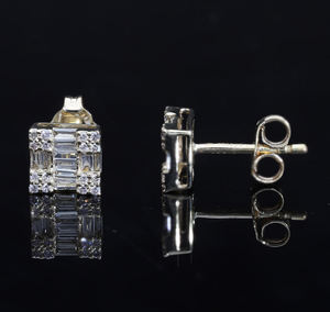 14K Gold <b>Square</b> Stud <b>Earrings</b> Featuring Natural Round & Baguette <b>Diamonds</b> in Elegant Geometric Cluster Prong and Channel Setting - Product Image 4