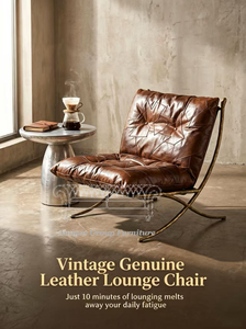 Sillón <span class=keywords><strong>Barcelona</strong></span> Retro Vintage de Cuero Genuino Marrón con Patas de Metal, Sillón de Salón Antiguo para Sala de Estar o Club - Product Image 2
