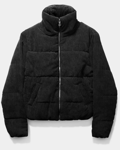 Chaqueta acolchada de pana negra para mujer, cuello alto, con cremallera, abrigo de invierno, ropa exterior acolchada personalizada, fabricante de ropa al por mayor, OEM - Product Image 1