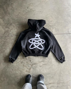 Sudaderas con capucha de gran tamaño para hombre con parche desgastado Vintage bordado con tinte de corbata lavado con ácido y sol desteñido sudaderas con cremallera de rizo francés - Product Image 2