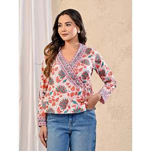 Blusa de Popelina Blanca para Mujer con Estampado Jaal, Cuello Asimétrico y Decoración Floral Bordada, Talla Única y XL Disponible - Product Image 3