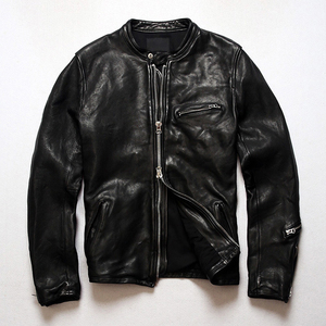 เสื้อแจ็คเก็ตหนังแกะแท้ทรงมอเตอร์ไซค์ ปกตั้ง ล้างแบบ Garment Washed หนังฟอกฝาดจากพืช สำหรับผู้ชาย - Product Image 3