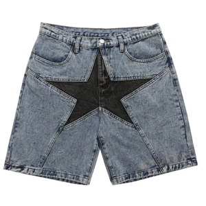 Casual Men Blue Patchwork Star Pattern Stitched Denim Shorts For Men