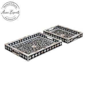 Bandeja de servicio redonda de madera de mango hecha a mano con patrón de hojas de esmalte Plato decorativo elegante para comedor y decoración del hogar - Product Image 6