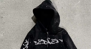 Survêtement de rue épais à fermeture éclair pour hommes sérigraphie 100% coton strass Hip-Hop ensemble pantalons de survêtement et sweat à capuche pour hommes - Product Image 6