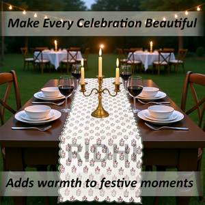 ผ้าปูโต๊ะลายดอกไม้หรูหรา ขอบหยัก ทำมือ พิมพ์ลายบล็อกผ้าฝ้ายอินเดียสีน้ำเงินแดง  ปรับแต่งได้ สำหรับโต๊ะอาหารที่บ้าน - Product Image 2