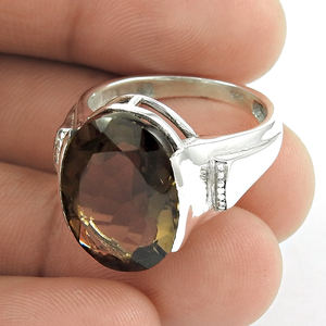 แหวนพลอยควอตซ์สโมคกี้ธรรมชาติทรงรีทำจากเงินแท้925ผู้หญิงเครื่องประดับโบฮีเมียนทำด้วยมือ - Product Image 1