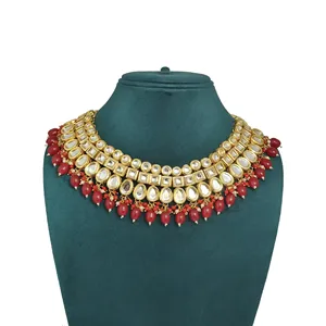 Ensemble de collier en perles ovales rouges Meenakari Kundan, bijoux fins classiques et tendance, plaqué or, pour mariage, fête, fiançailles, cadeau - Product Image 4